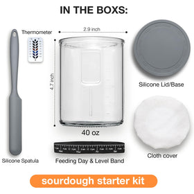 Meolibour starter jar kit with thermometer, cloth cover, and spatula for organized baking.