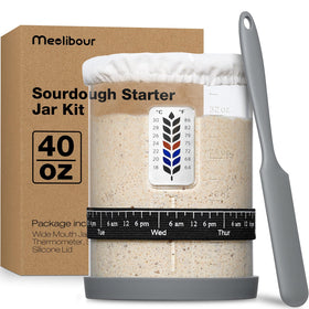 Meolibour Premium Pro Sourdough Starter Jar, wide-mouth design for easy mixing and feeding.