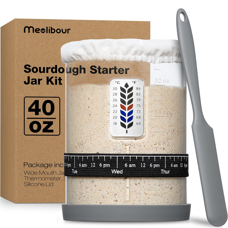 Meolibour Premium Pro Sourdough Starter Jar, wide-mouth design for easy mixing and feeding.
