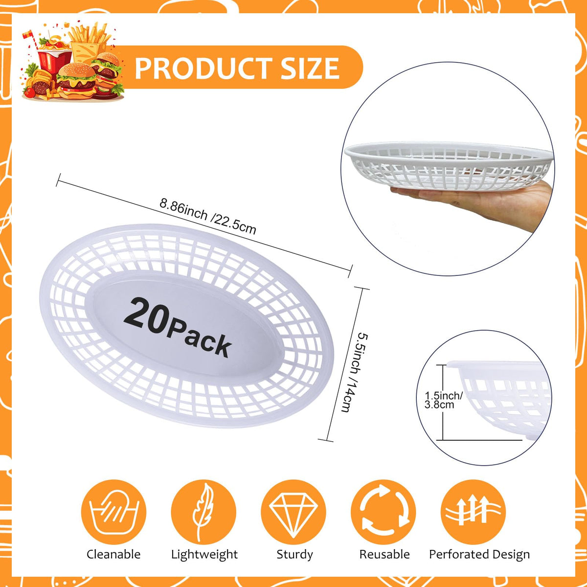 Meotakile oval basket with burgers demonstrates compact, tidy presentation.