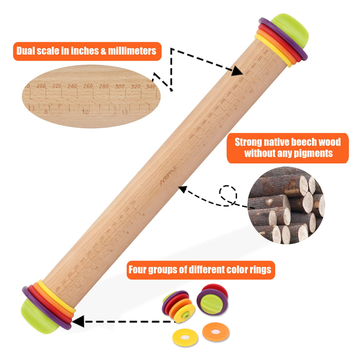 Mepple rolling pin in beech wood body for smooth rolling.