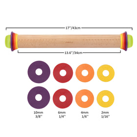 Mepple rolling pin end-cap design enabling quick ring changes.