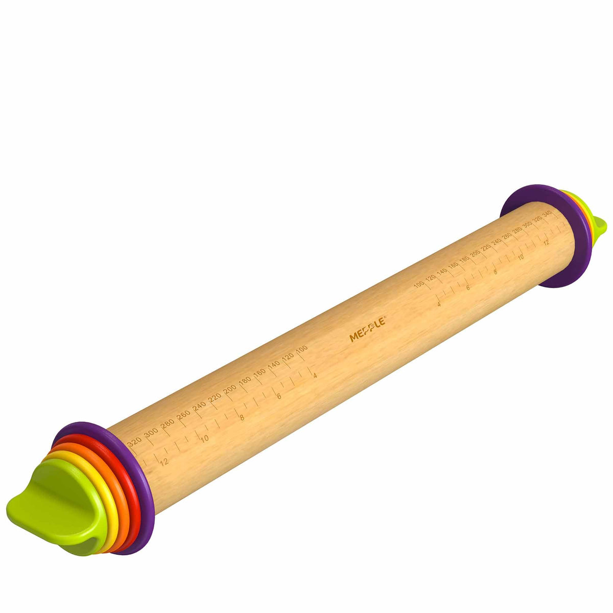 Mepple rolling pin with thickness rings attached for precise dough thickness, ideal for pizza.