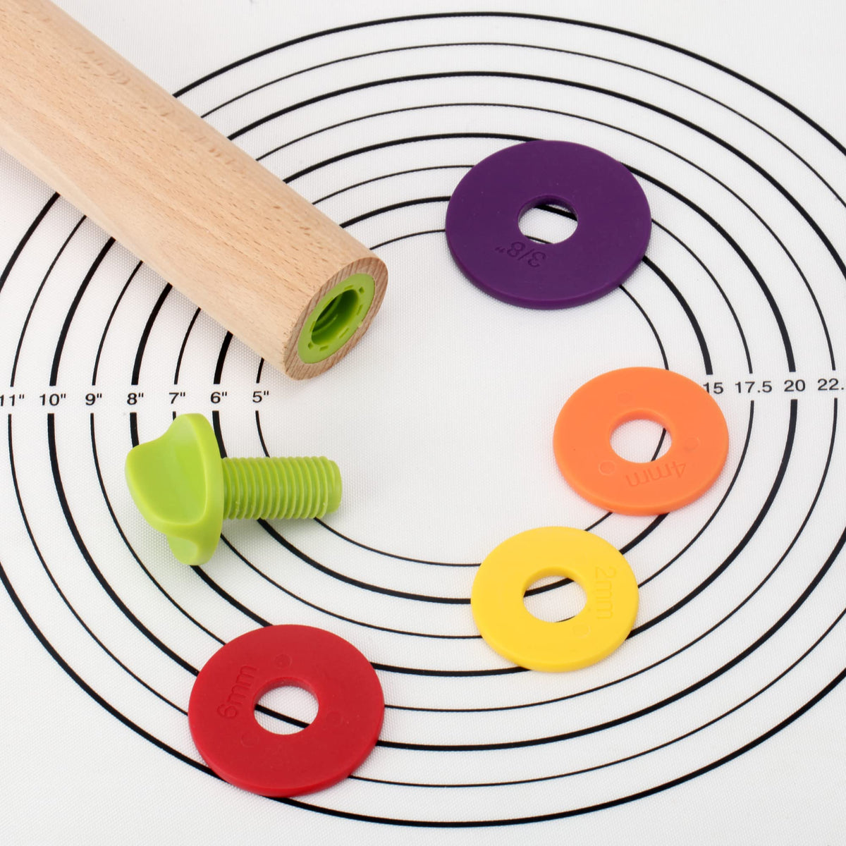 Mepple rolling pin with three-eighths-inch ring for thicker doughs.