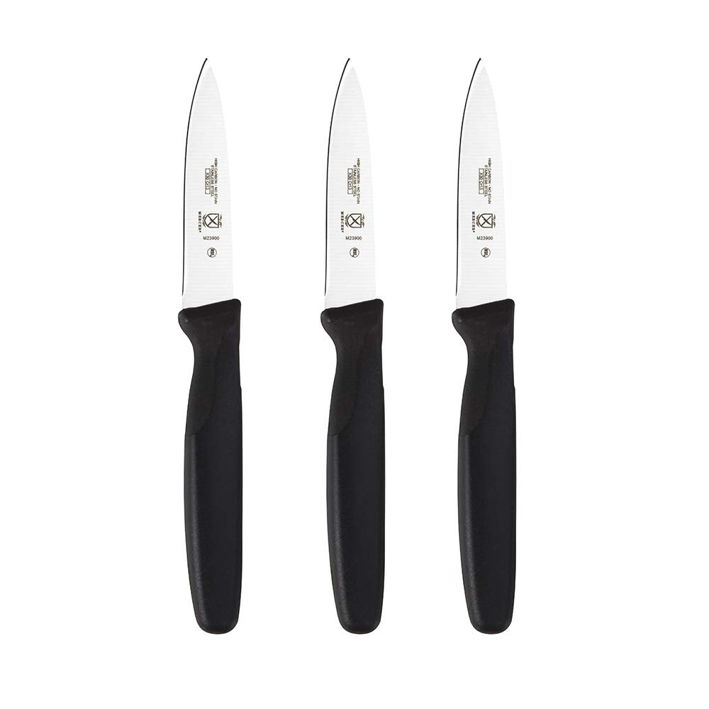 Mercer Culinary Millennia 3in paring knife close-up showing sharp edge for clean cuts.