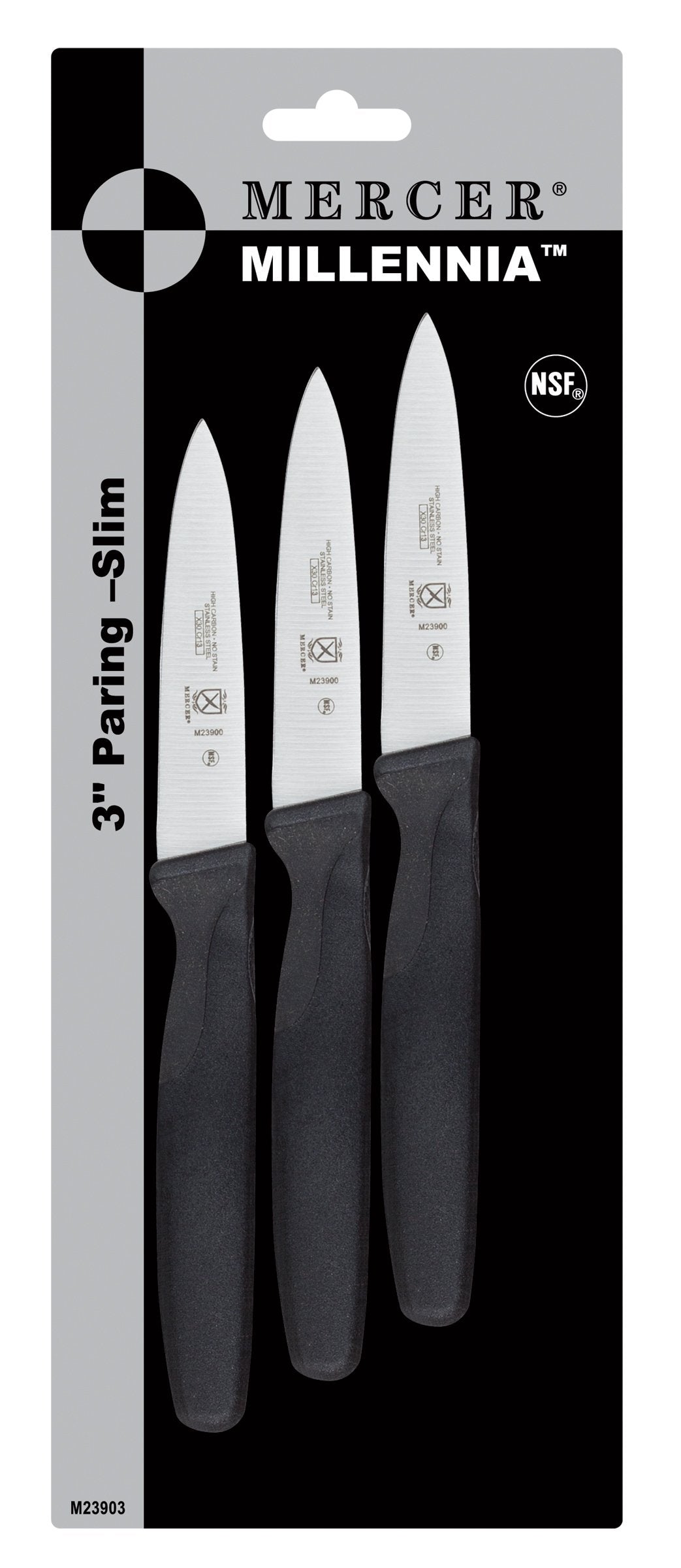 Mercer Culinary Millennia 3in paring knife set with black handles for precise prep.