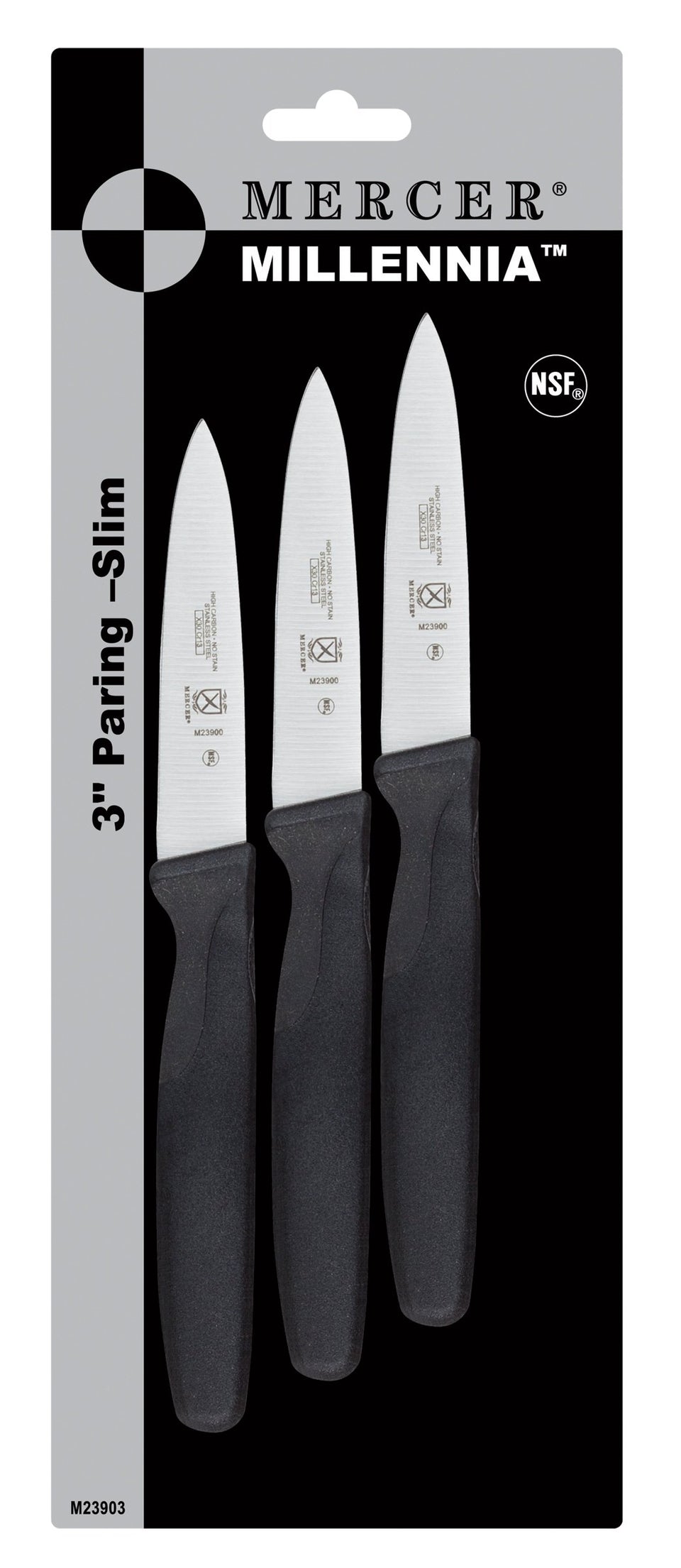 Mercer Culinary Millennia 3in paring knife set with black handles for precise prep.