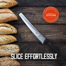 Mercer Culinary Millennia bread knife with black handle offers comfortable grip.
