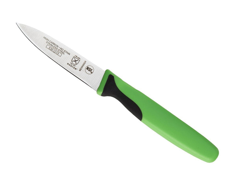 Mercer Culinary Millennia Green 3-inch slim paring knife showcases a precise trimming edge