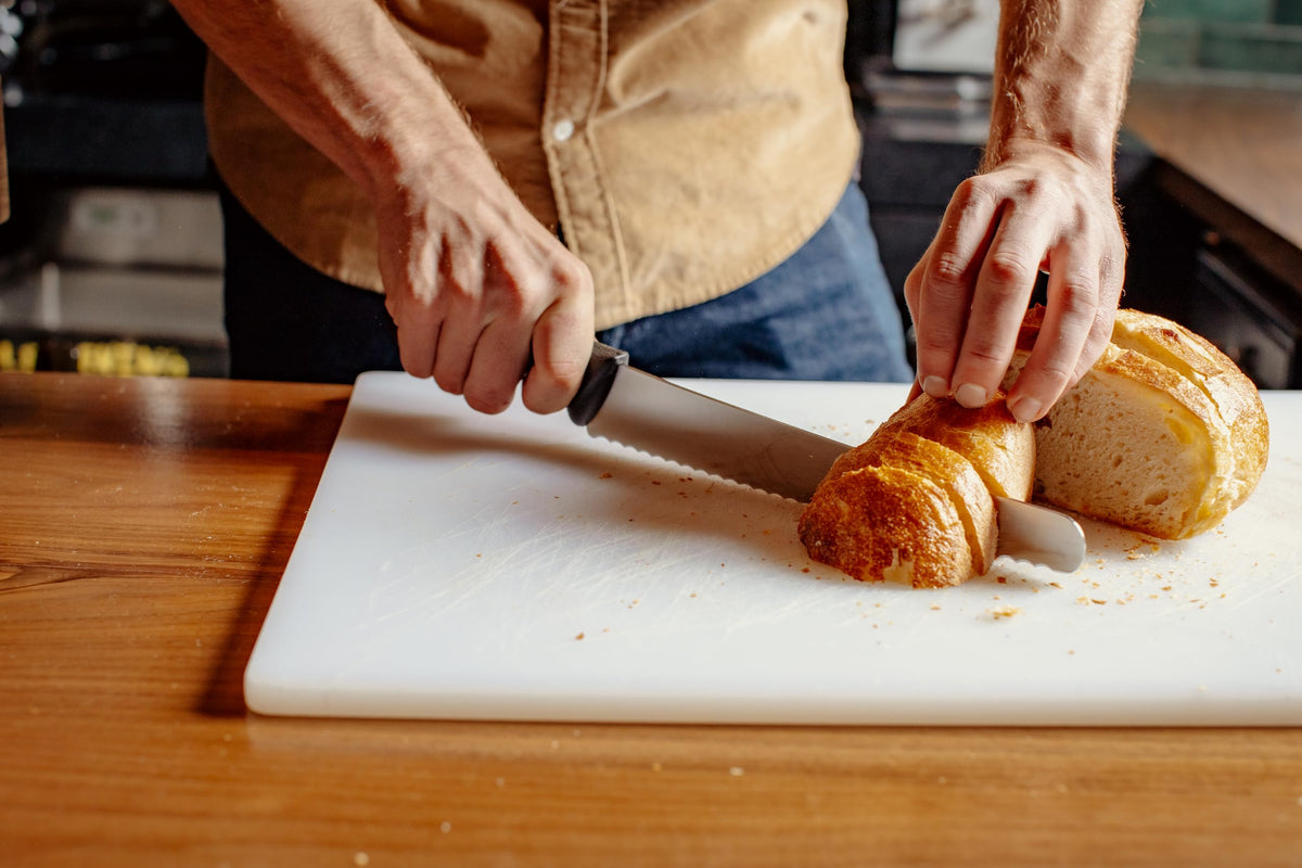 Mercer Culinary Millennia one-piece steel blade maintains sharp edge longer.