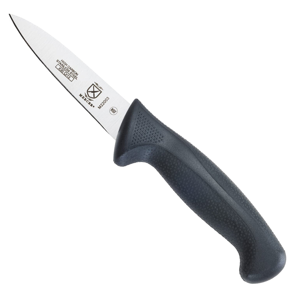Mercer Culinary Millennia paring knife with black handle for precise small cuts and garnishes
