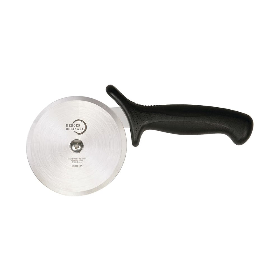 Mercer Culinary Millennia pizza cutter with black handle offering slip resistant grip for precise cuts