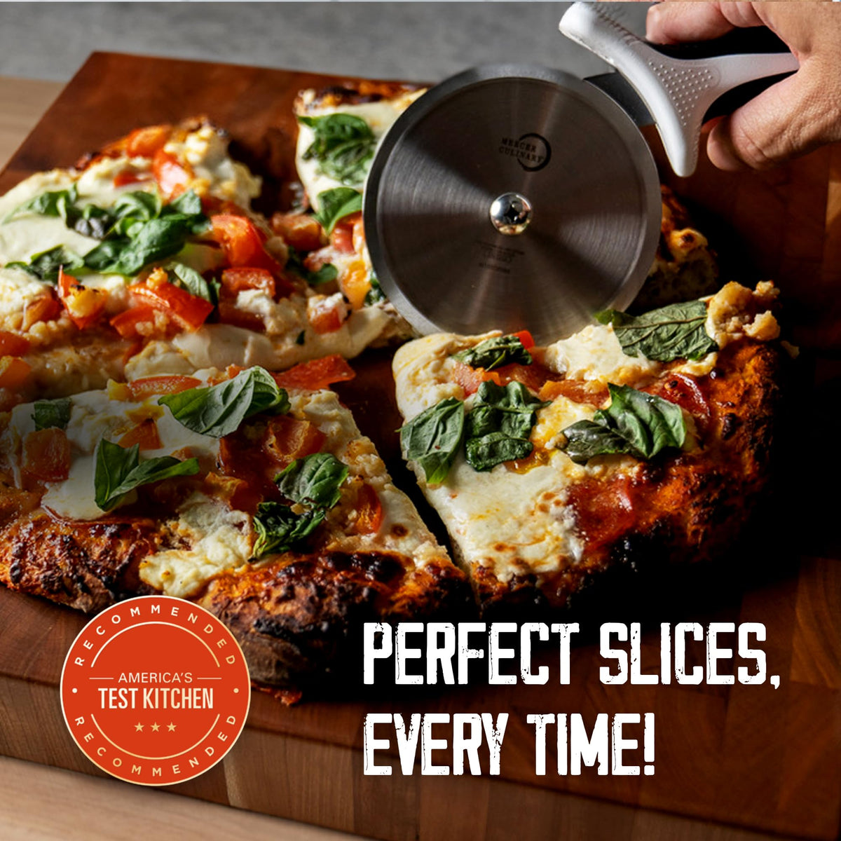 Mercer Culinary Millennia razor edge wheel enables flatbread cleanly