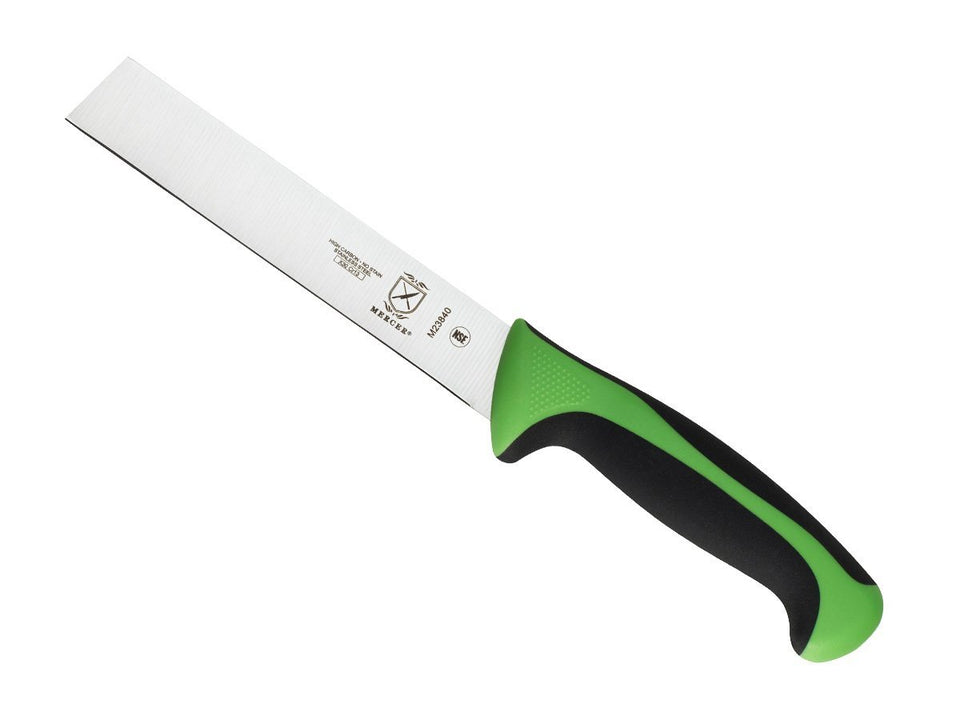 Mercer Culinary Millennia green knife blade close-up for precise fruit and veggie prep.