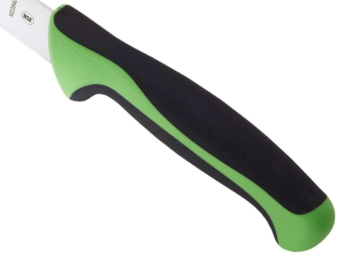 Mercer Culinary Millennia green knife slicing vegetables with clean, precise cuts.