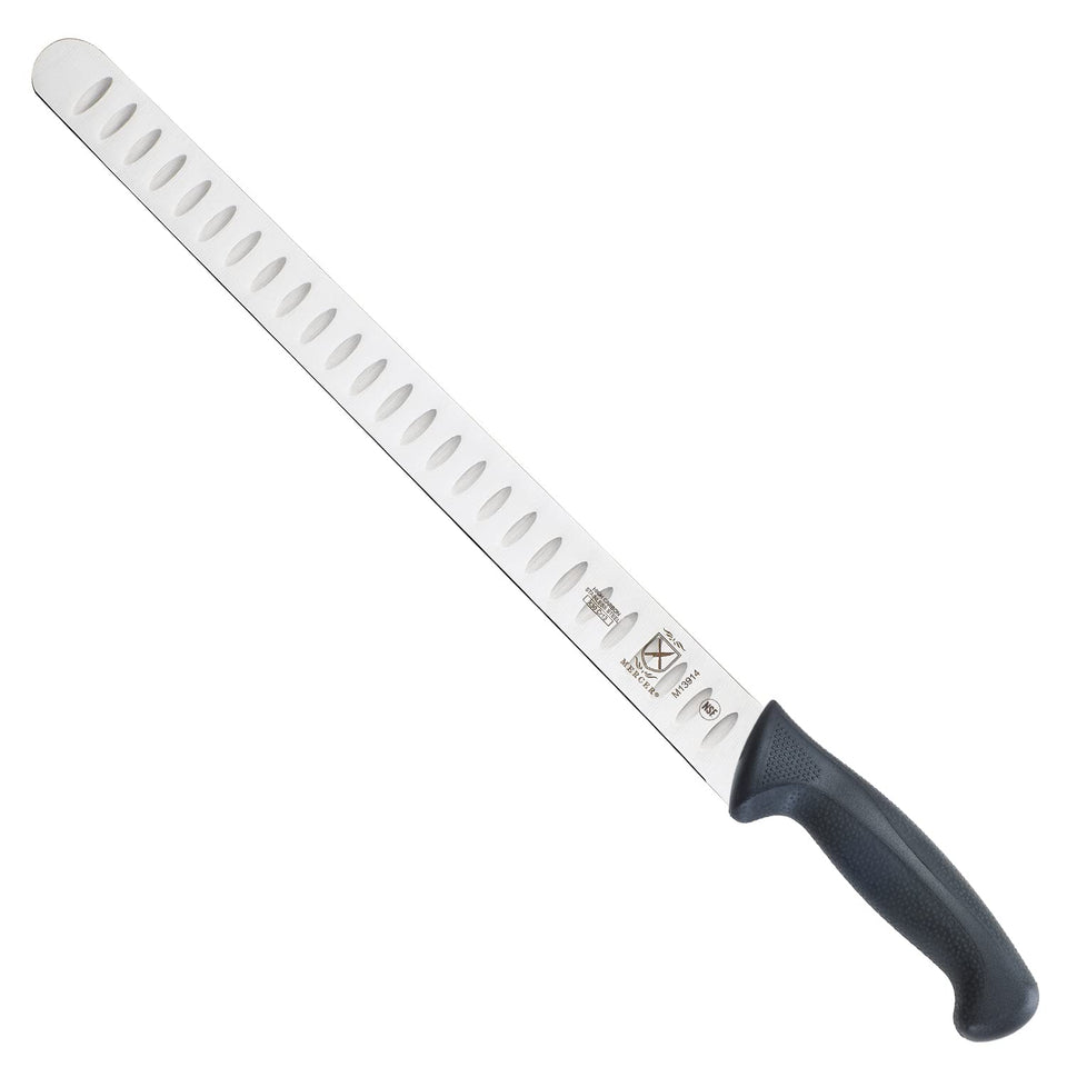 Mercer Millennia slicer blade close-up showing a sharp edge for precise cuts