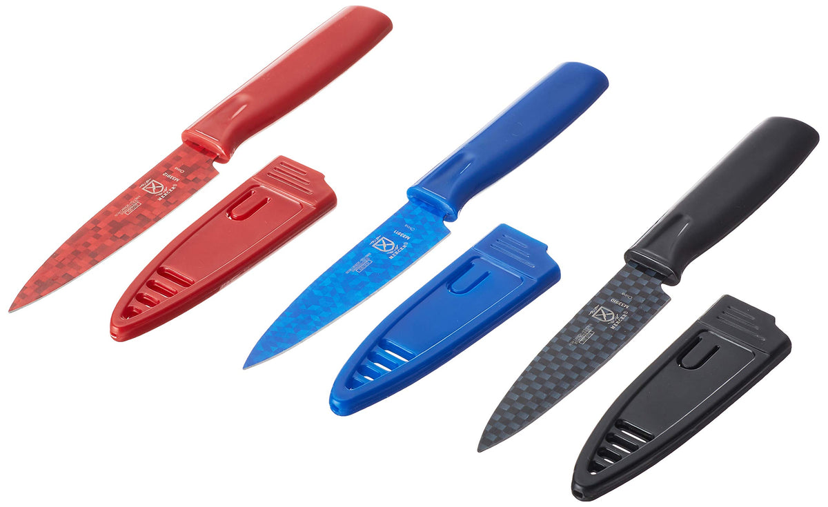 Mercer Culinary non-stick paring knife in blue demonstrates easy release for delicate trimming