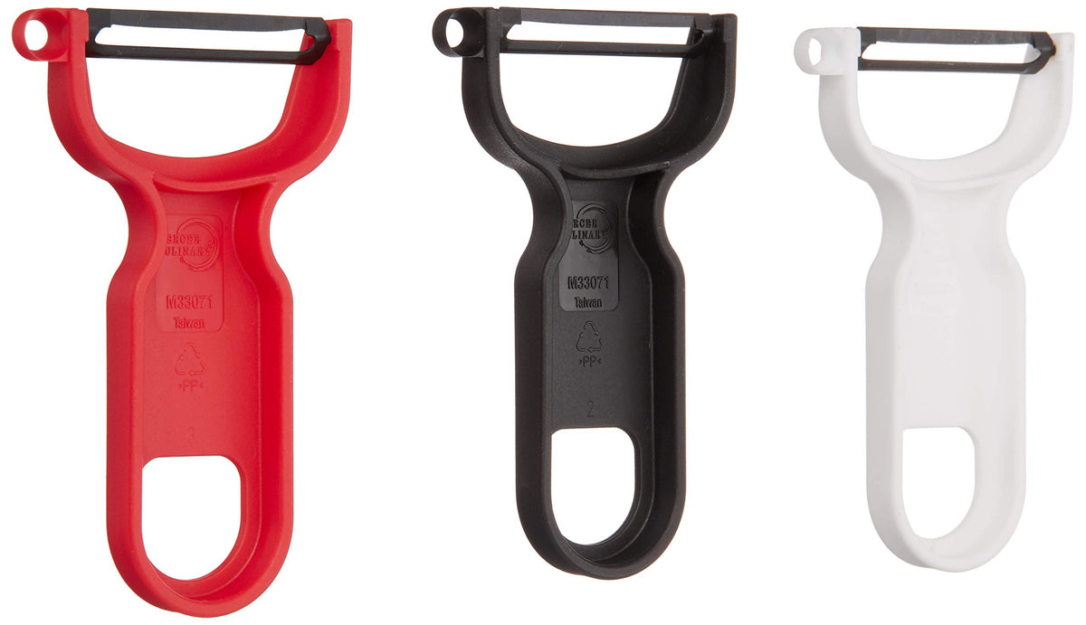Mercer Culinary multicolor peeler set in kitchen ready for garnishes