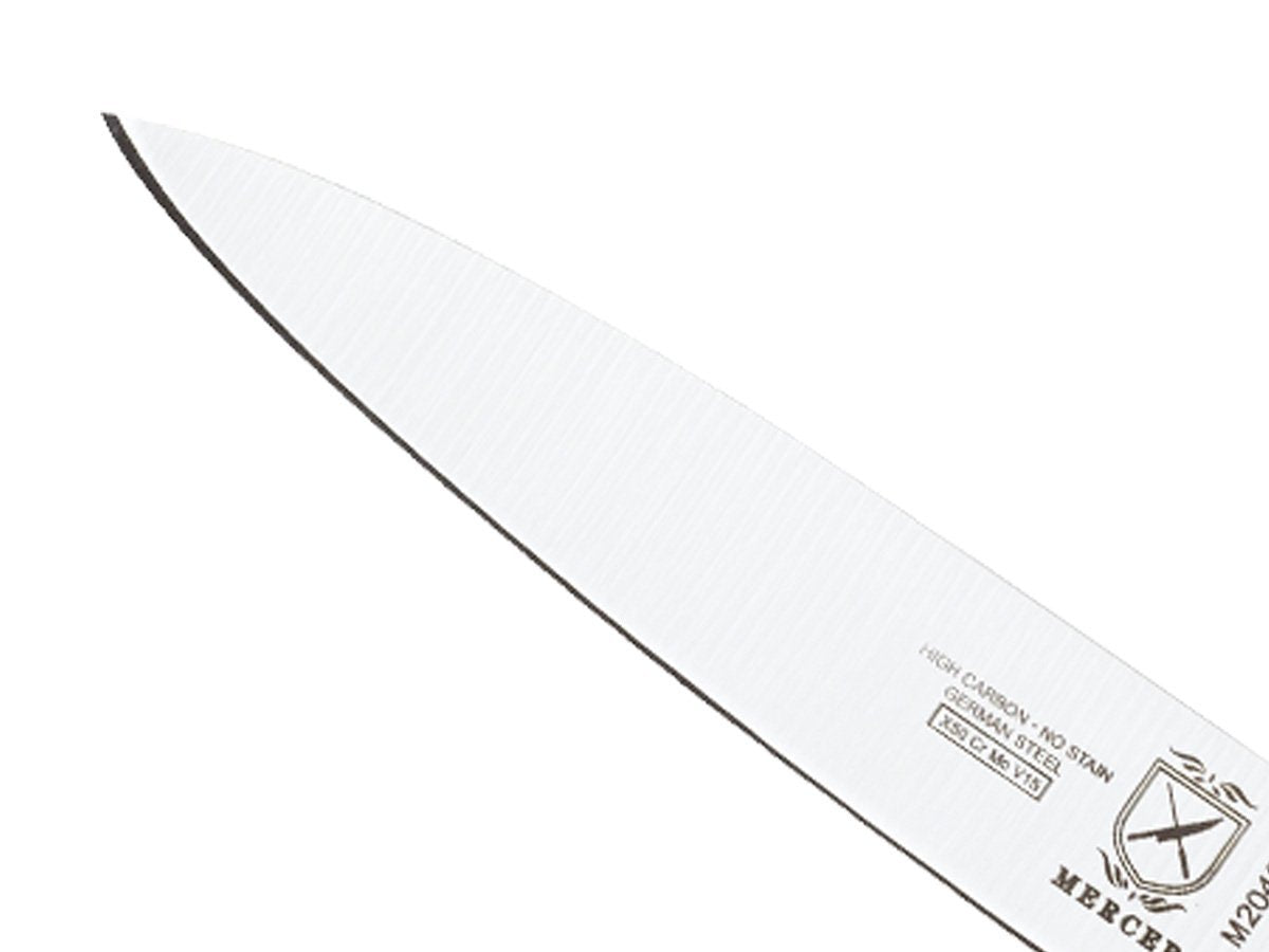 Mercer Genesis 5-In Utility Knife balance and bolster for controlled daily cutting.
