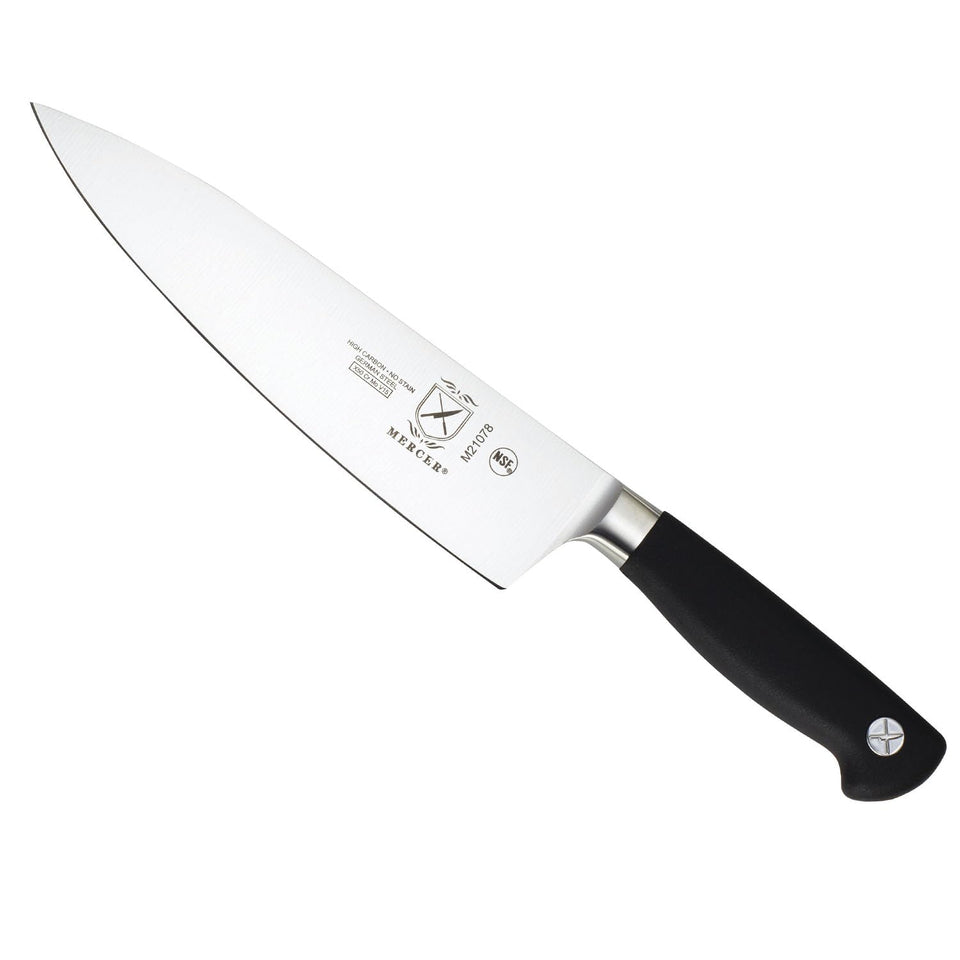 Mercer Genesis 8-Inch Short Bolster Knife blade closeup showing precision-forged steel and sharp edge.