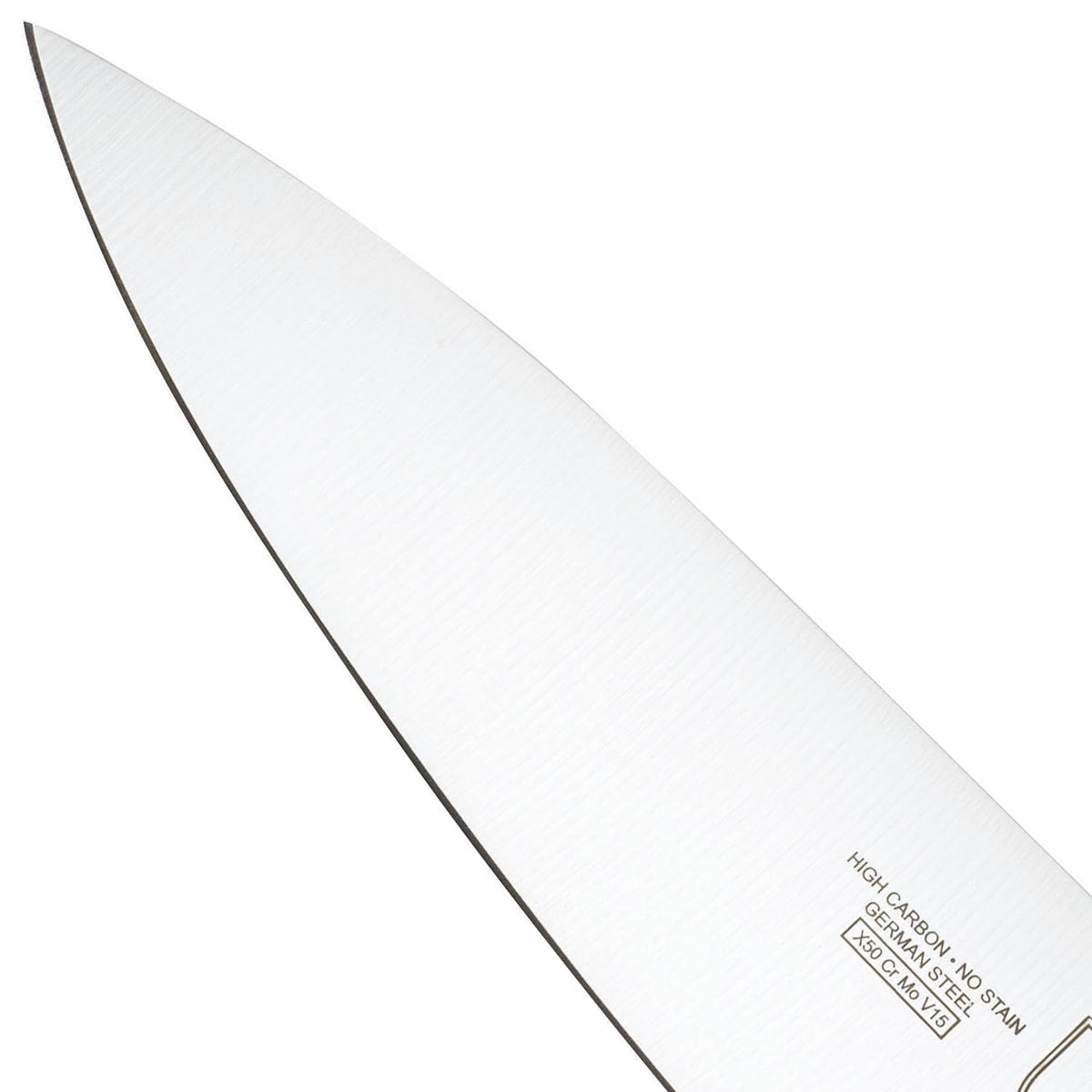 Mercer Genesis 8-Inch knife mincing garlic with steady control on a board.