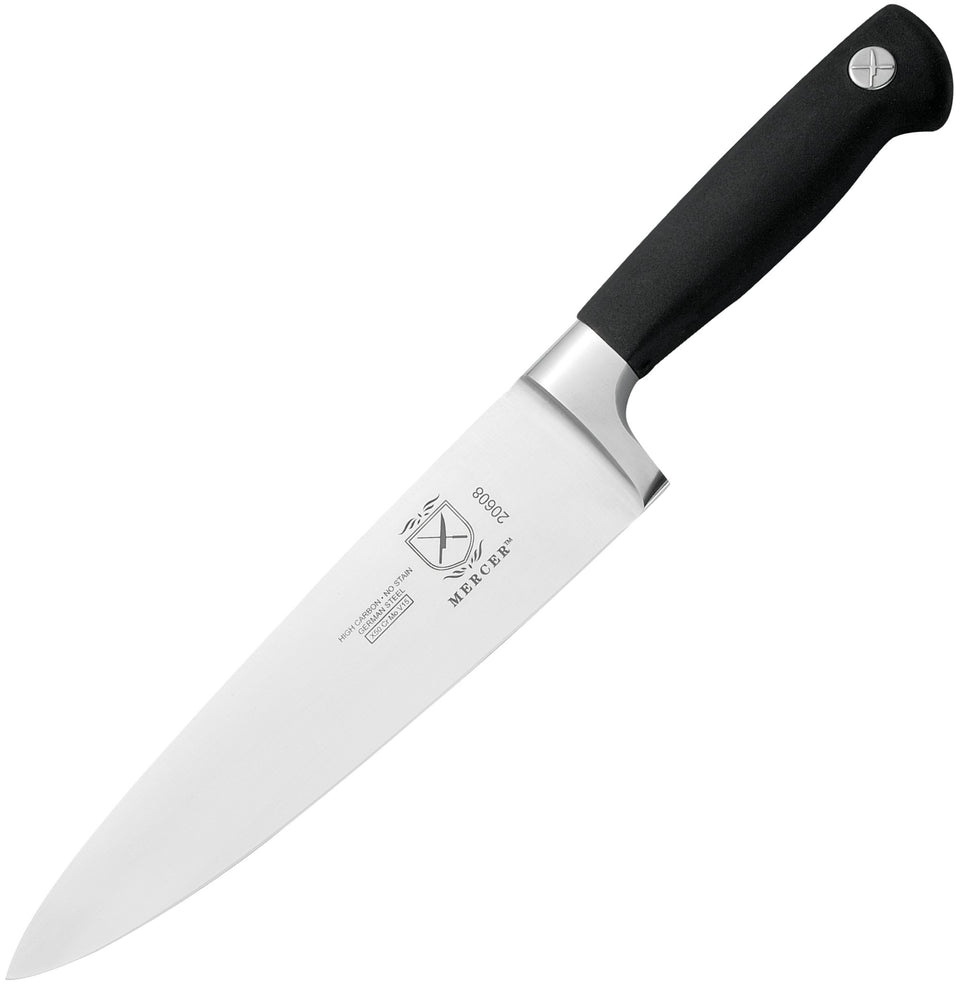 Mercer Genesis 8-Inch Chef's Knife blade close-up showing durability and precision
