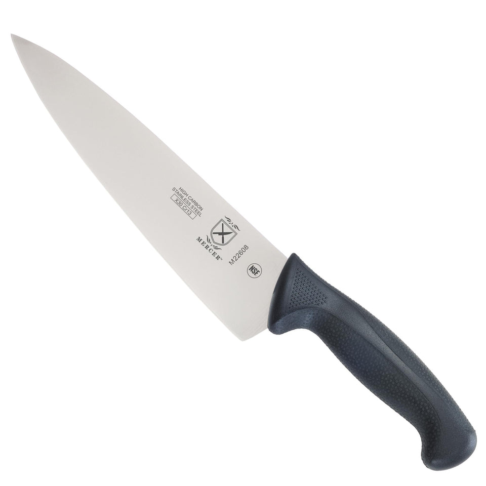 Mercer Culinary Millennia 8-Inch Chef's Knife blade with black handle for precise slicing.