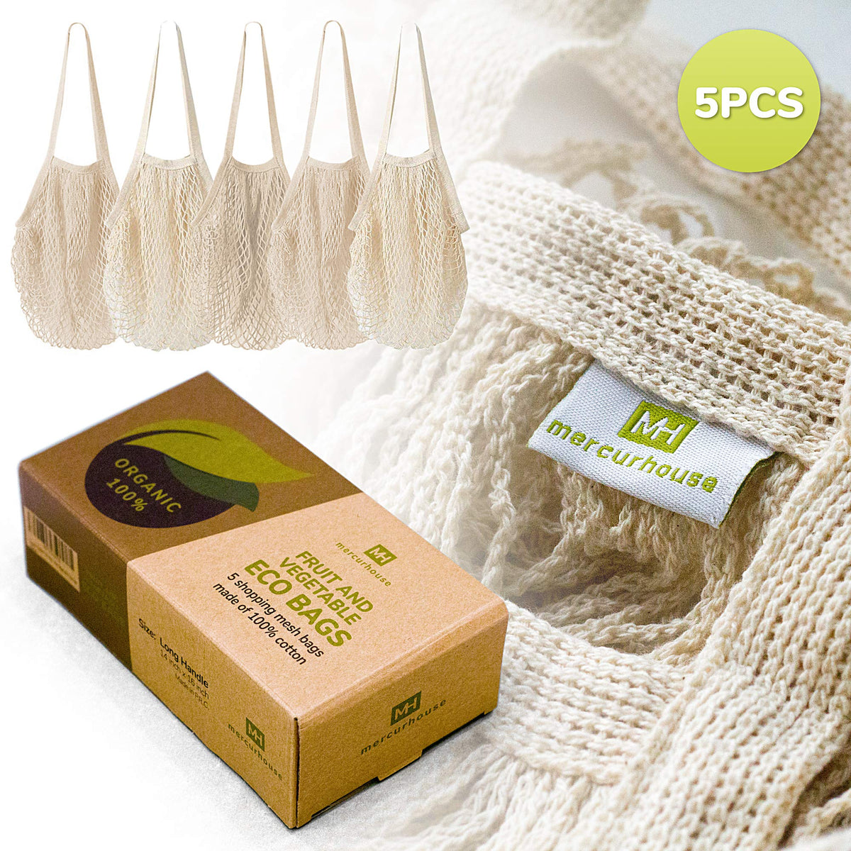 MERCURHOUSE cotton string bags ready for grocery store shopping.