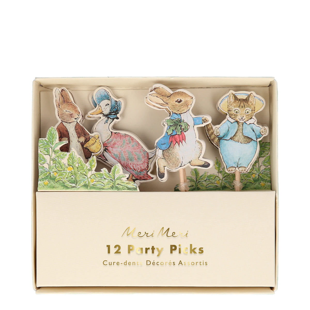 Meri Meri Peter Rabbit picks design 1 decorates treats for a cheerful party snack.