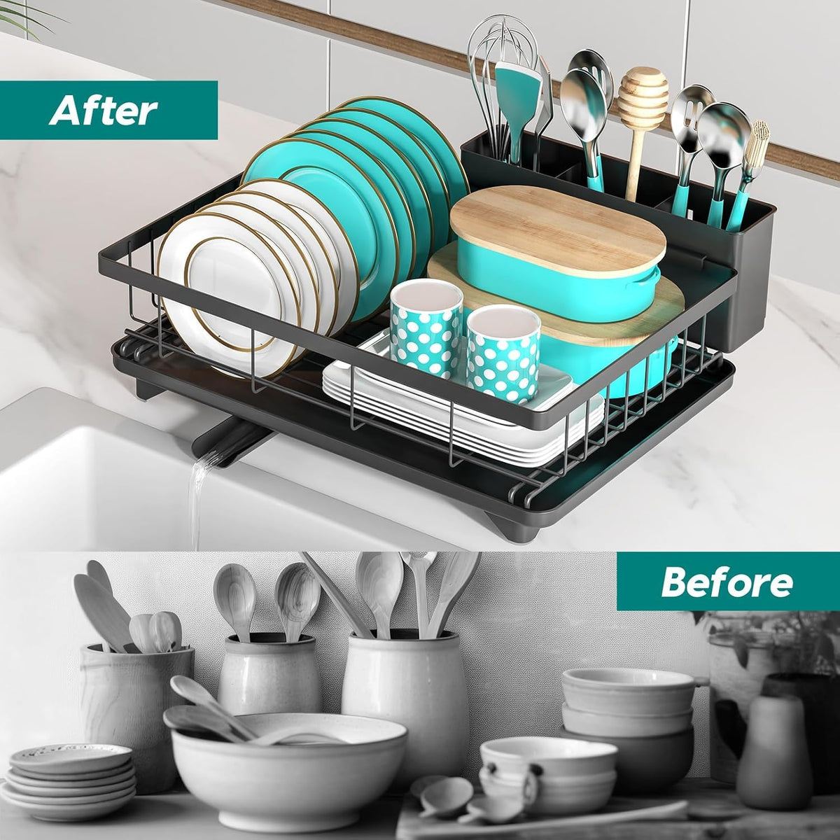 MERRYBOX dish drying rack includes a knife-friendly area for safe storage.