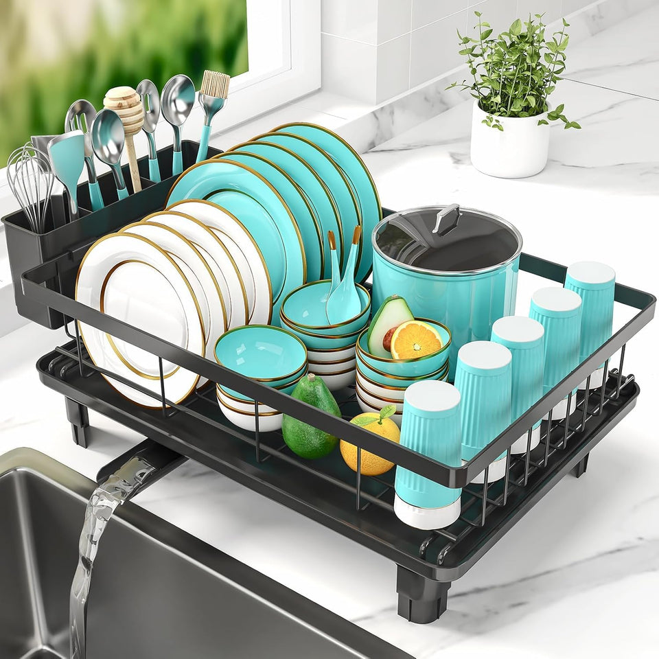 MERRYBOX dish drying rack over-sink design keeps counters clear and dries efficiently.