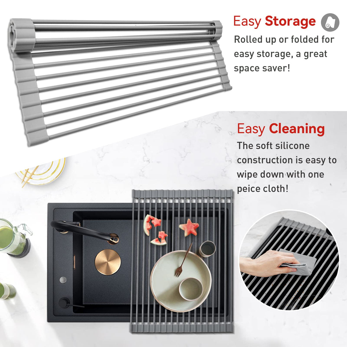 MERRYBOX heavy-duty silicone drying rack supports bowls and pots without rust.