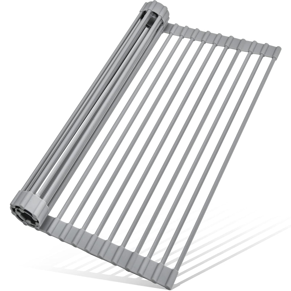 MERRYBOX roll-up dish drying rack over sink saves space while drying large dishes.