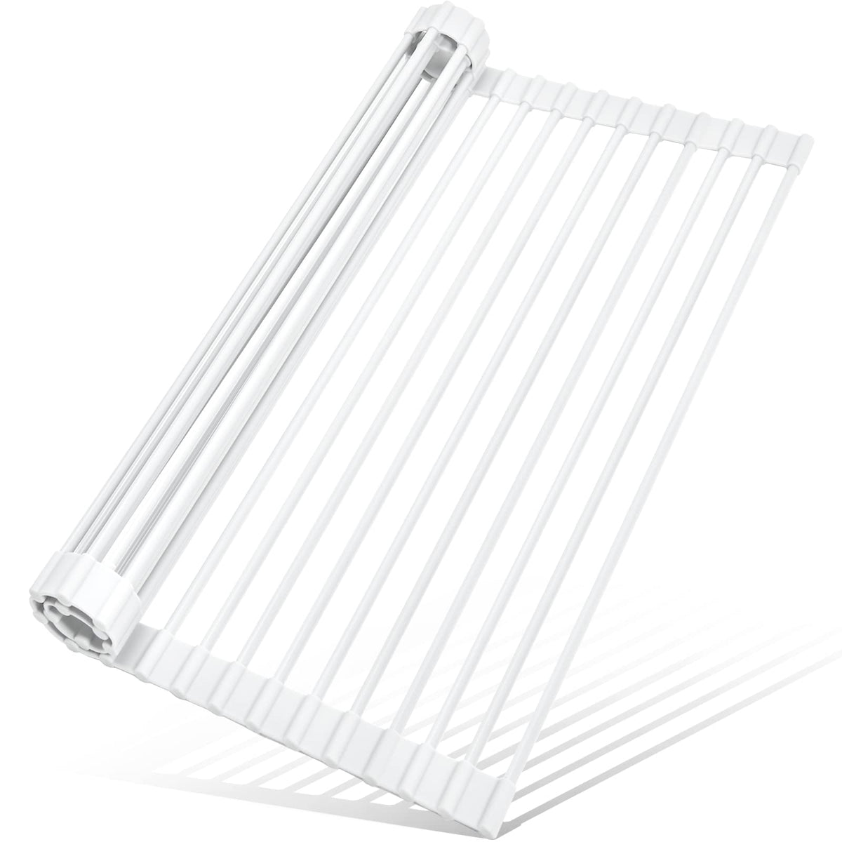 MERRYBOX roll-up dish drying rack silicone-wrapped over the sink for clutter-free counters.