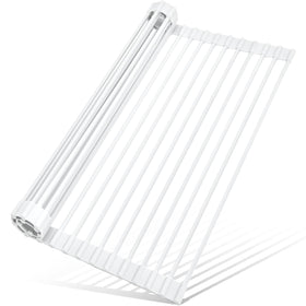 MERRYBOX roll-up dish drying rack silicone-wrapped over the sink for clutter-free counters.