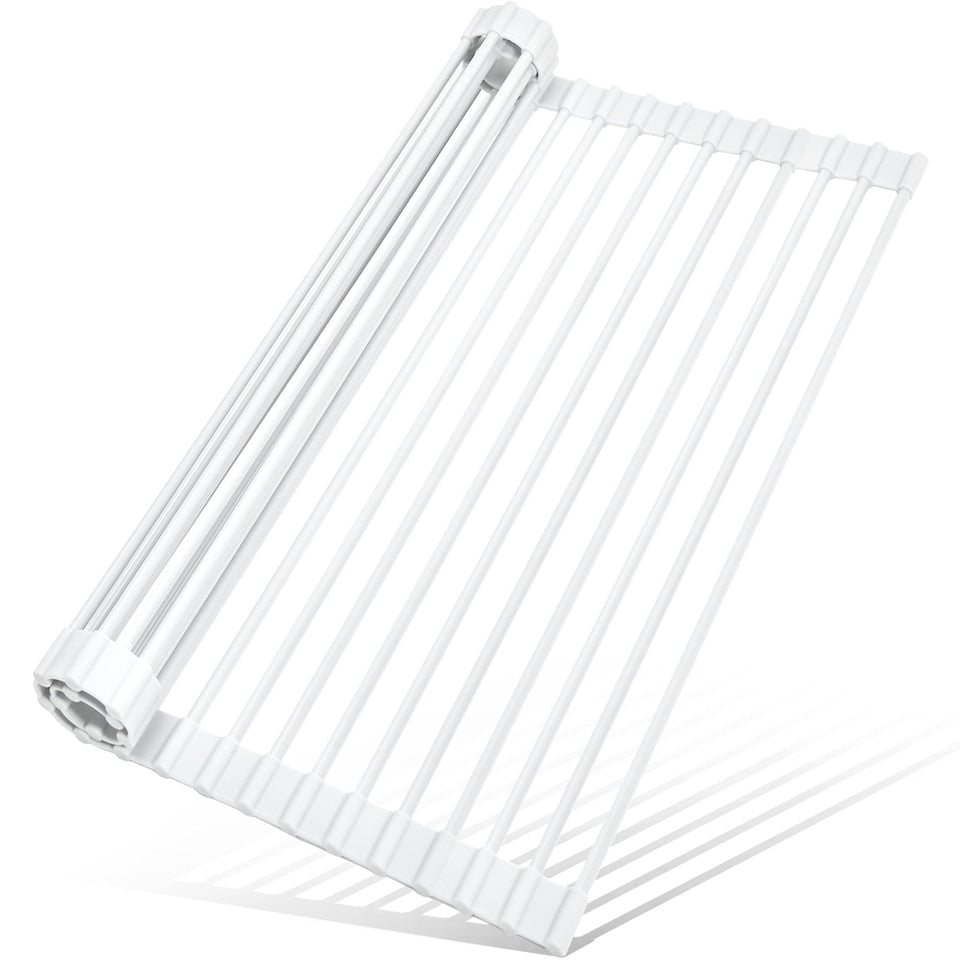 MERRYBOX roll-up dish drying rack silicone-wrapped over the sink for clutter-free counters.
