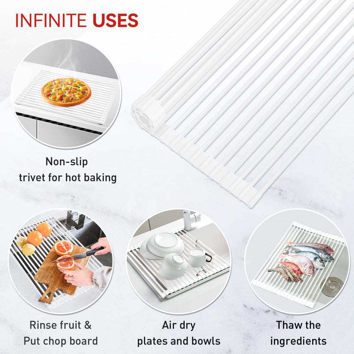 Silicone-wrapped rack provides heat resistance and non-slip stability on wet surfaces.