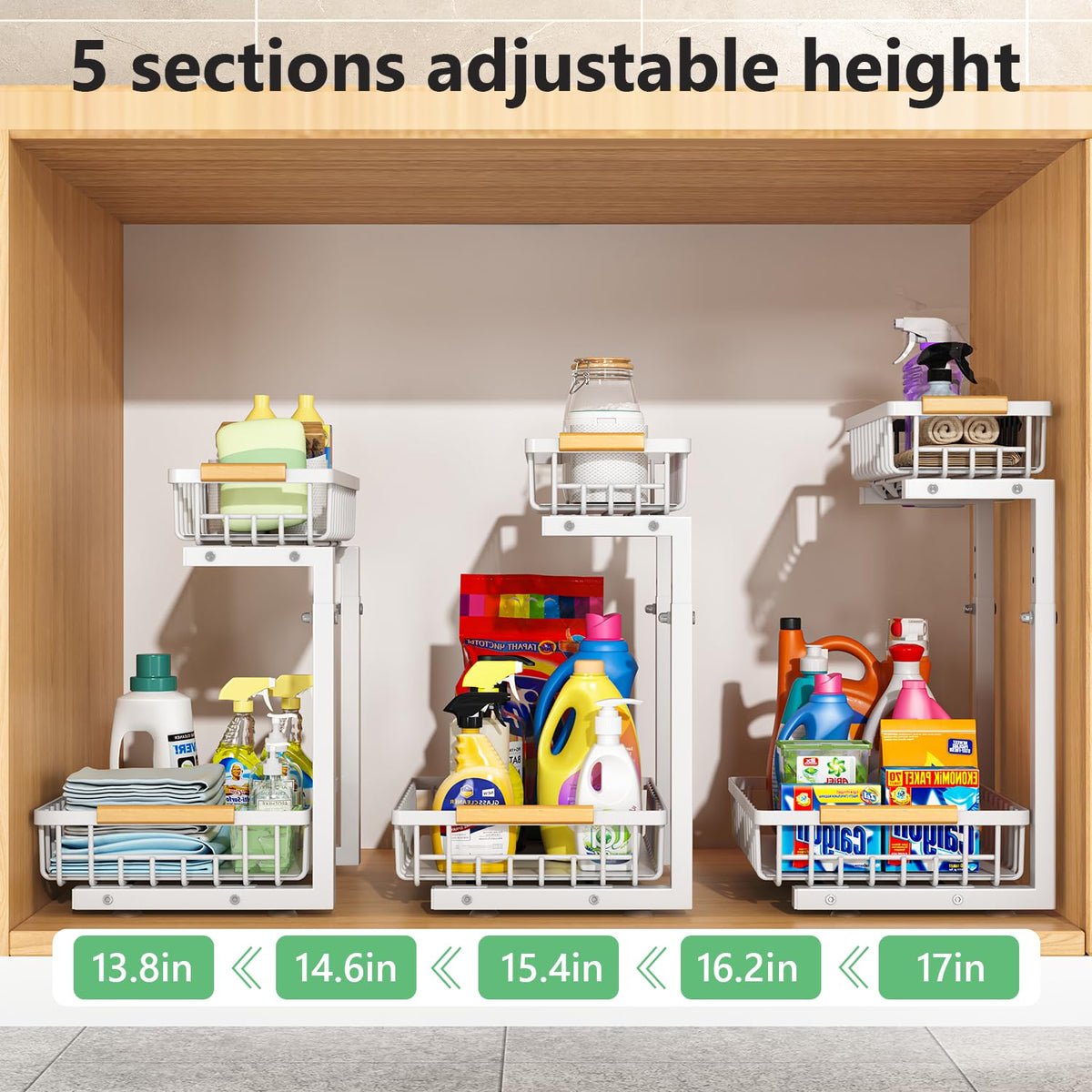 Merrylun 5 height adjustable under-sink organizer fits various cabinet dimensions.
