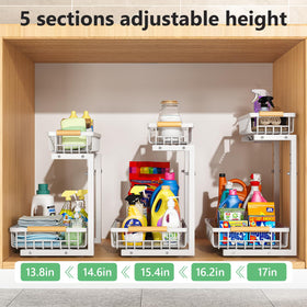 Merrylun 5 height adjustable under-sink organizer fits various cabinet dimensions.