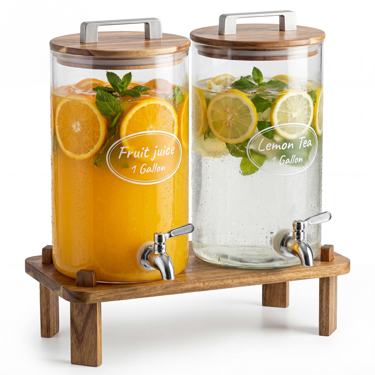 MerryNine rustic wood stand elevates the dispensers on display