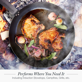 Merten & Storck campfire-ready carbon steel pan for outdoor cooking.