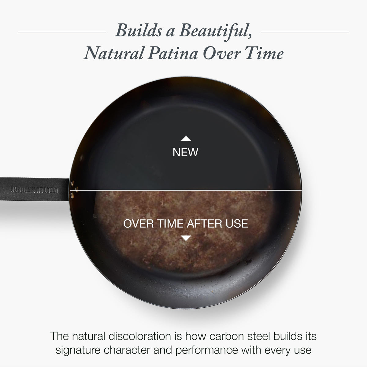 Merten & Storck carbon steel pan, handle detail, secure triple-riveted grip for safe handling.