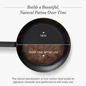 Merten & Storck carbon steel pan, handle detail, secure triple-riveted grip for safe handling.
