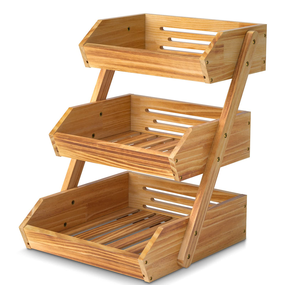 Merysen 3-tier wooden fruit basket stand displaying fresh produce on a kitchen counter