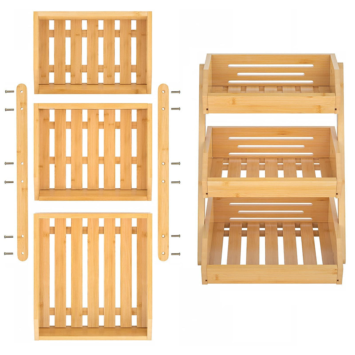 Merysen bamboo display stand enhances kitchen organization and visual appeal.