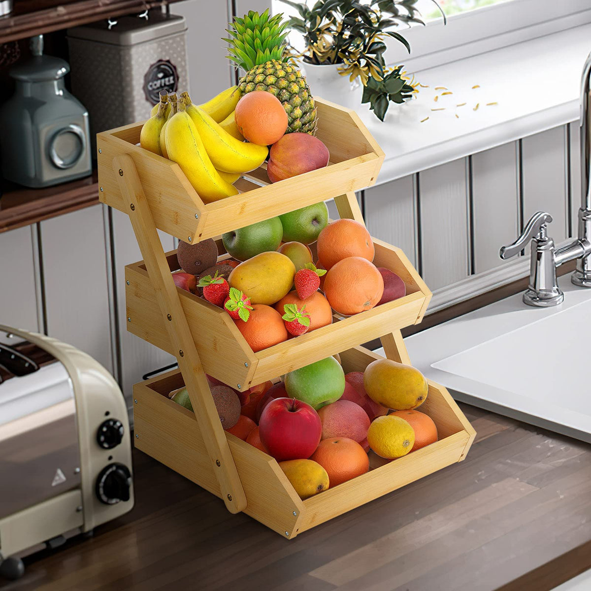 Merysen bamboo fruit basket assembly guide showing simple three-part setup.