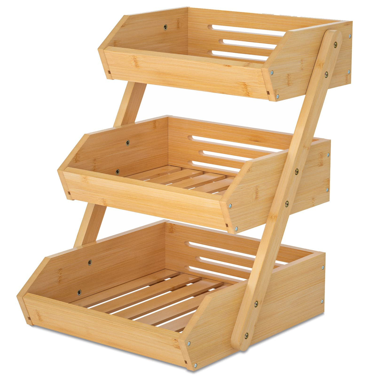 Merysen large 3-tier bamboo fruit basket stand on counter for organized fruit storage.