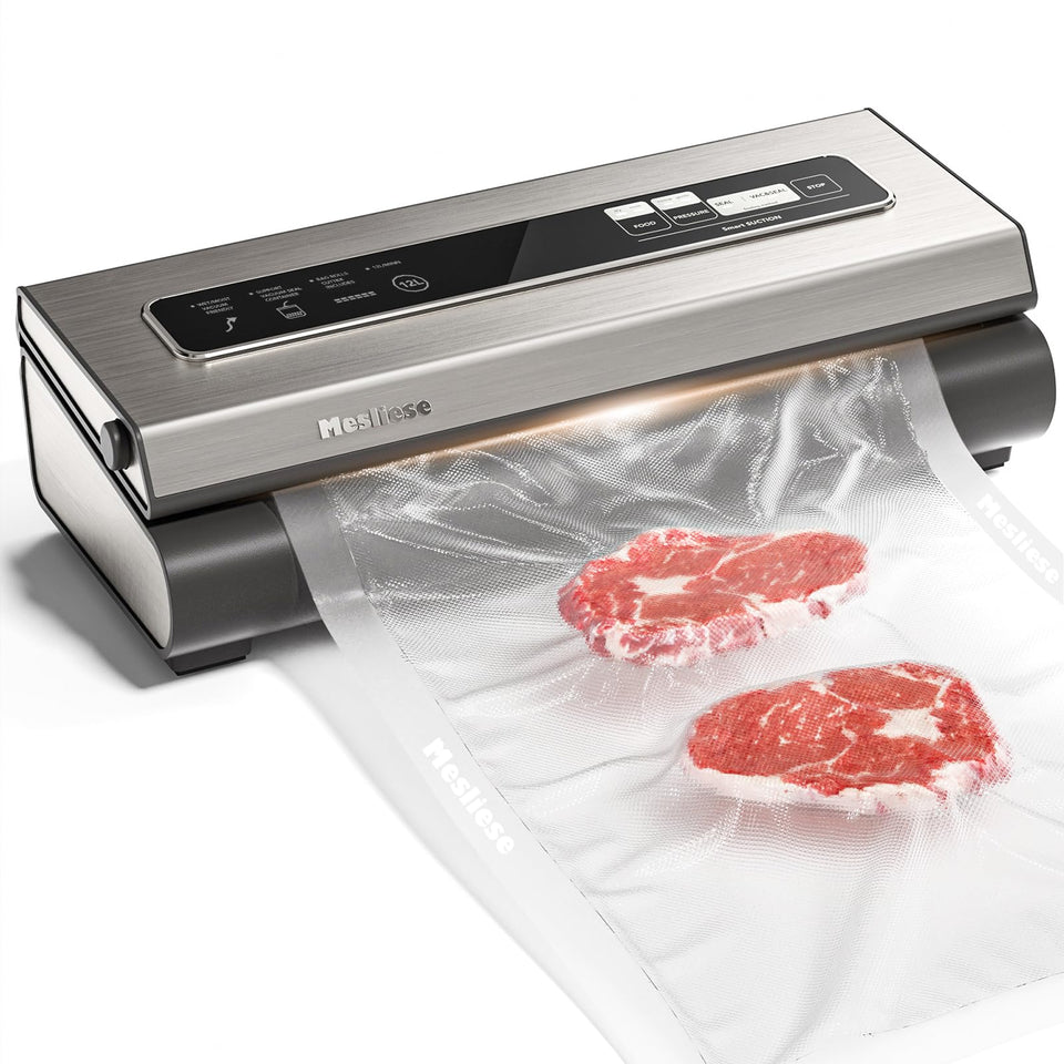 Mesliese vacuum sealer front view on counter, compact design.