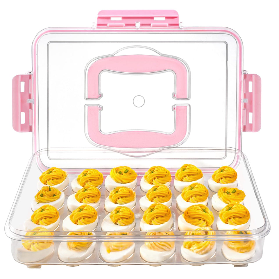 MesRosa deviled egg container with lid holds 24 eggs securely during transport.