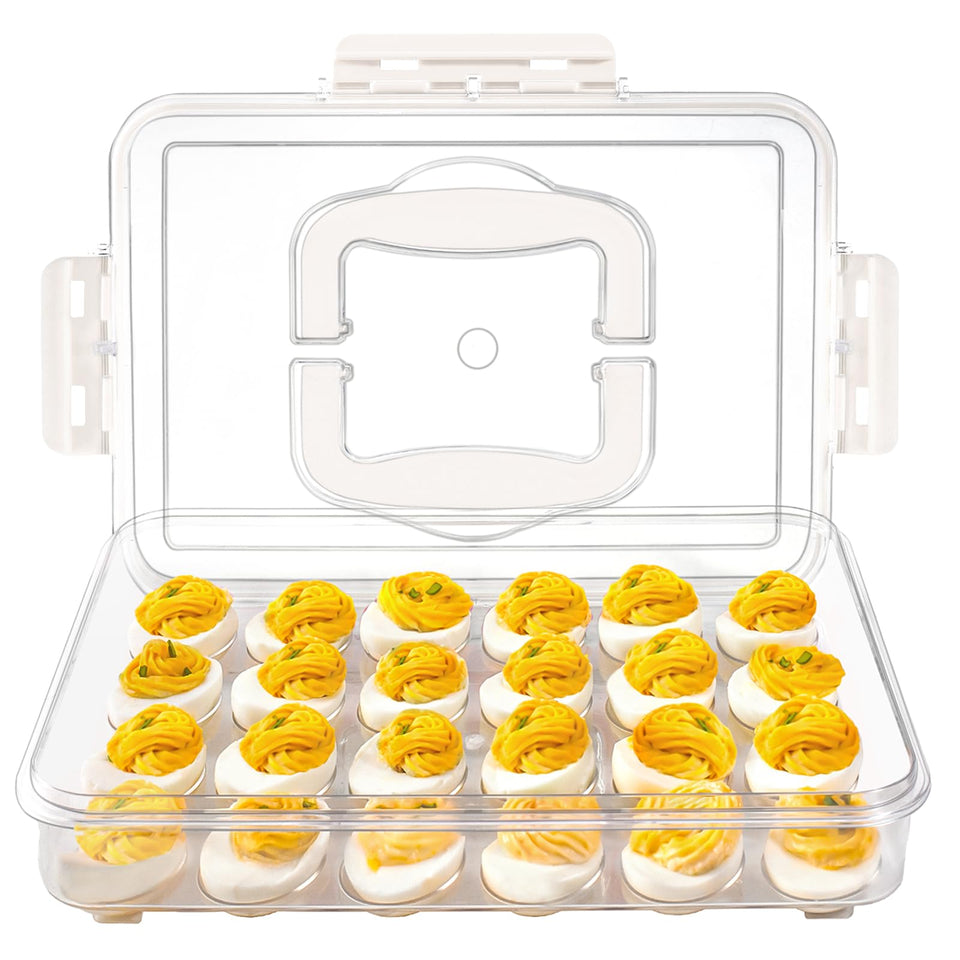 MesRosa deviled egg container with lid keeps eggs secure during transport.
